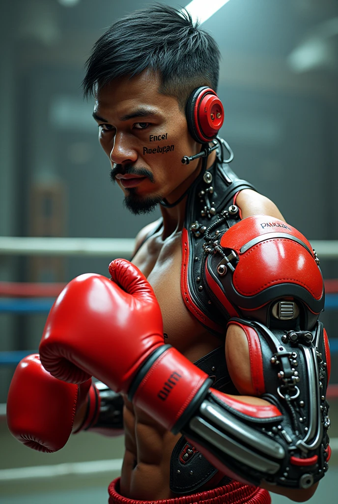 Generate a man boxer red gloves cybord body.
Face: like Manny Pacquiao With clear and not hidden print "PAMAGAN".
