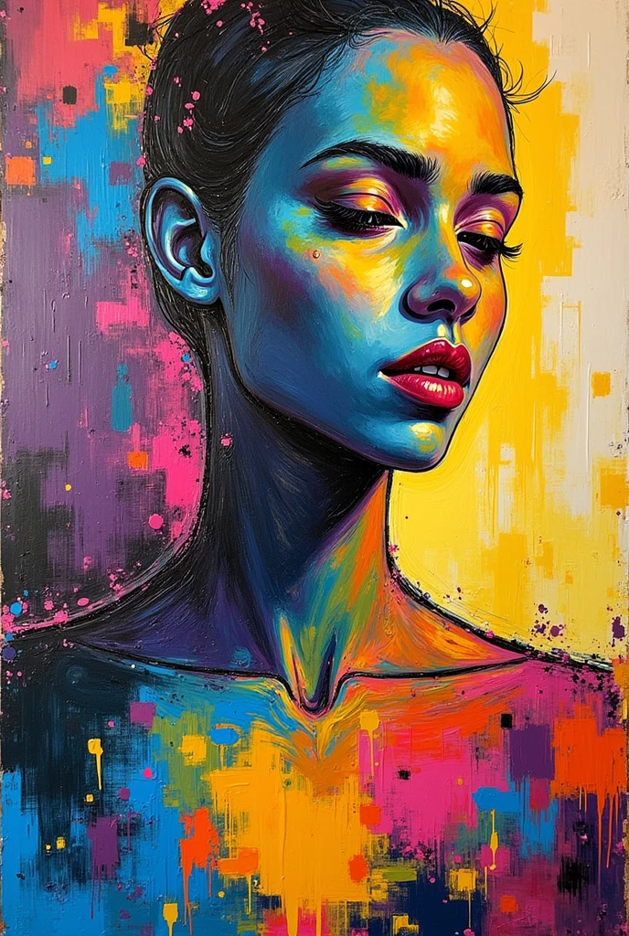 An abstract expressionist painting of the most amazing and fantastic person you have ever met, with bold brush strokes, vibrant color splashes, and the use of a palette knife to create thick, heavy textures. The painting features a harmonious blend of yellow, orange, blue, black, red, green, purple, and pink tones on a canvas with a black frame.