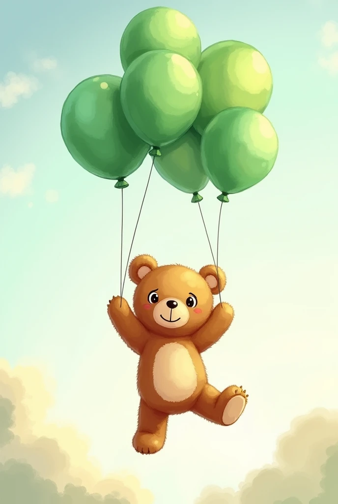 Very cute watercolor teddy bear being carried to the sky by several green balloons