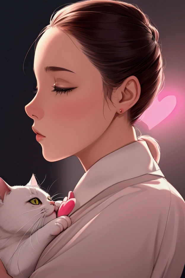 A woman in front of a cat face to face in profile, forming a heart together