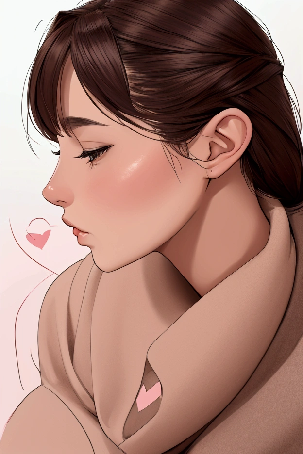 A woman in front of a cat face to face in profile, forming a heart together