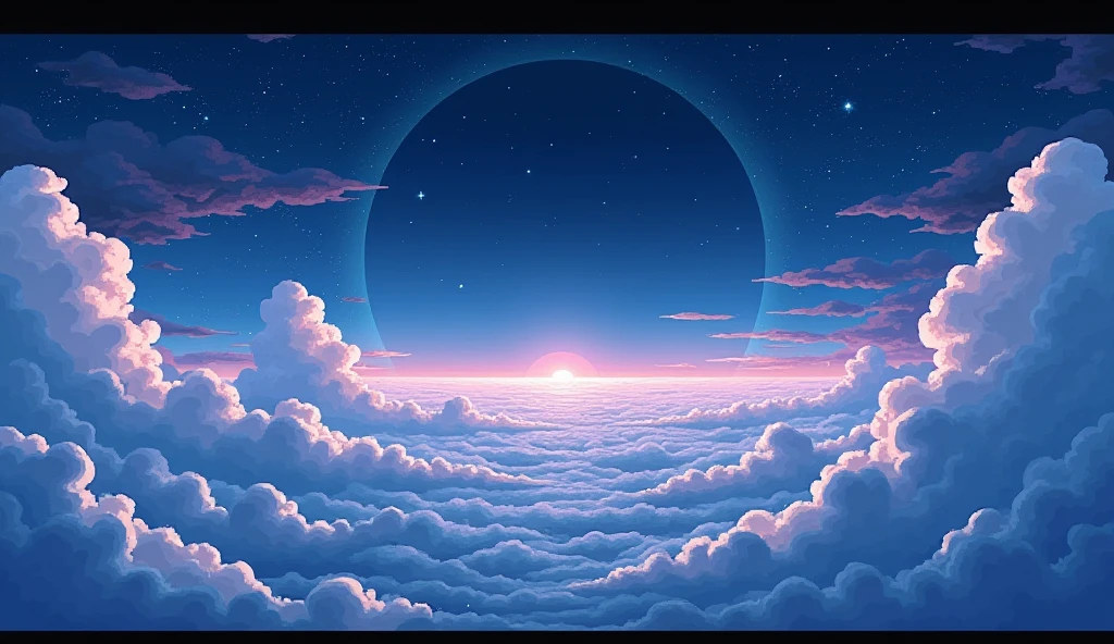 Pixel Art, pixelated, detailed pixel art, pixel art style, pixel art, 8bit, lowres, scanlines, Art lighting, contrast color, photorealistic, detailed, composition, (Pixel art, night, on big clouds, star lights)
