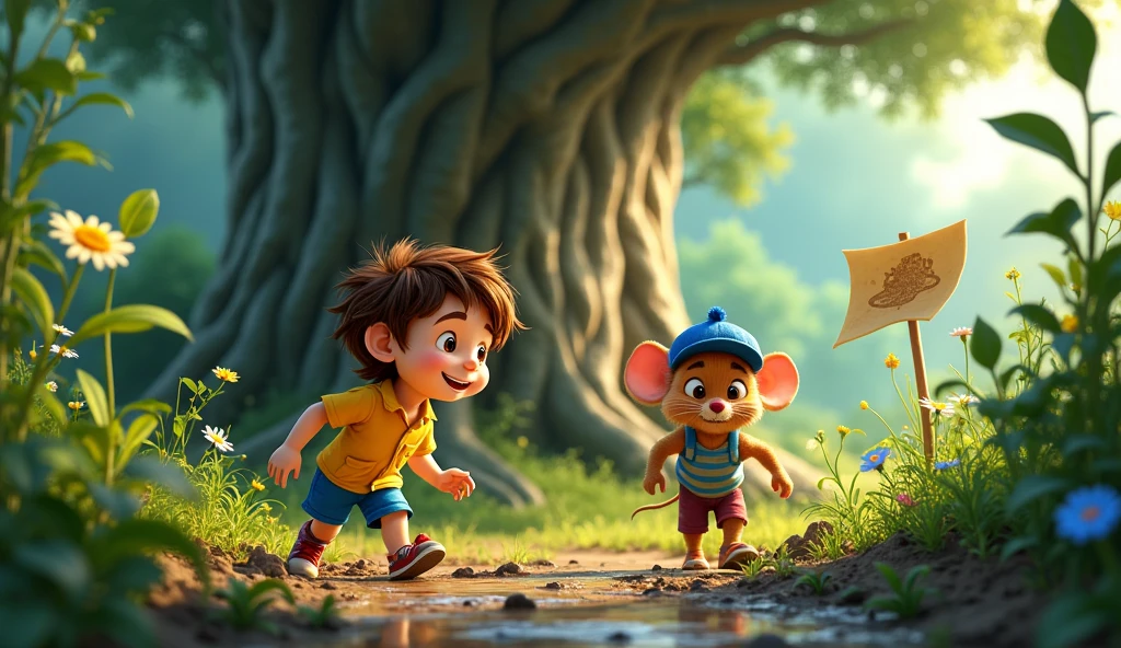 Show Léo and Remy exploring the garden, following a mysterious path. Léo, still wearing his yellow shirt and blue shorts, is carefully navigating through muddy puddles and thorny bushes, with Remy (( the mause)), in his blue hat, leading the way. In the background is a large, ancient tree with a hidden map etched into a leaf on its trunk.