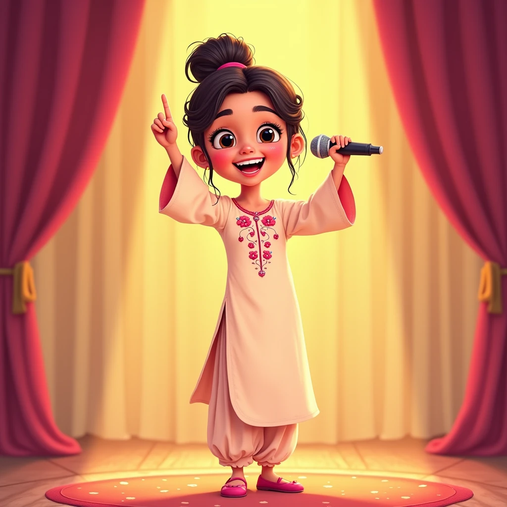 Lily, (highest quality, 4k, masterpiece:1.3), A young Pakistani Muslim girl wearing a traditional cream shalwar kameez with pink floral embroidery. Her hair is styled in a neat bun with loose strands framing her face. She stands confidently, holding the microphone with one hand, both hands raised joyfully, the other hand pointing upward. The image is in a 2D animation style, with bright colors, cartoonish features, and soft, smooth shading. The background shows soft curtains, warm stage lighting, and a playful, joyful atmosphere. Clear outlines, simple textures, and an illustrated, digital painting look. (Cream shalwar kameez, pink floral embroidery, consistent outfit:1.3)