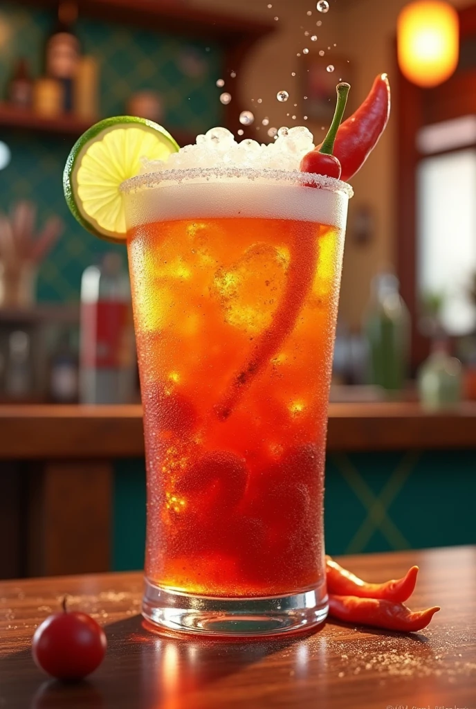 A glass of animated michelada