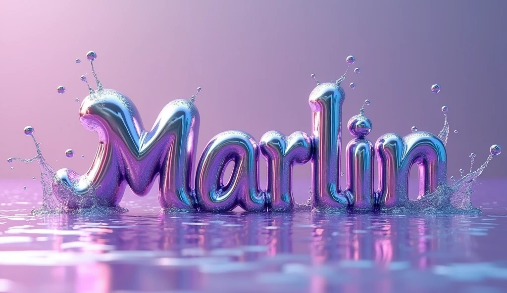 A 3D rendered 3d word 'Marlin' made of a glossy, Silver liquid or substance. The word appears to be in a fluid state, with droplets and splashes surrounding it. The background is pastel color dark, emphasizing the vibrant violet color of the word.
