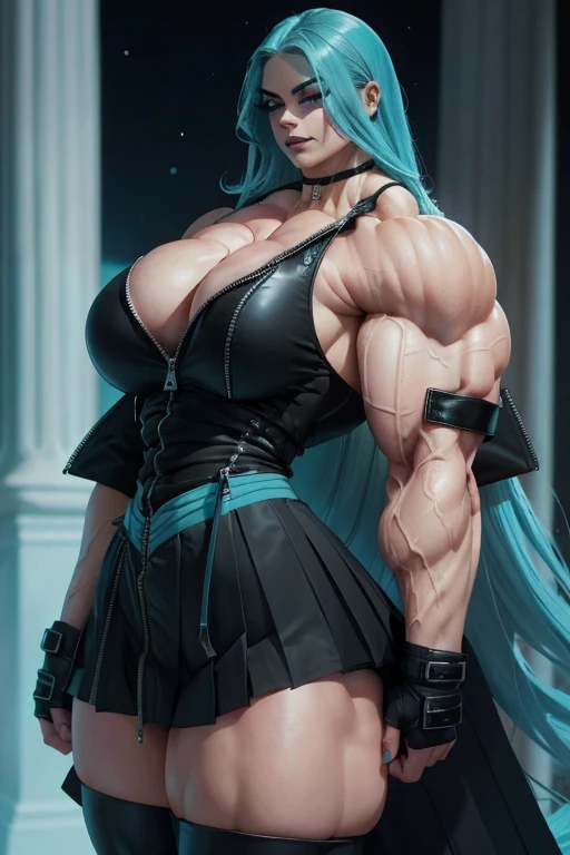 ((Close-up)), tall, (cyan hair) beautiful muscular woman, long beachy hair, pale white skinned, closed smile, (black lipstick), (massive muscles), (hyper muscle), (ginormous bulky muscles), glowing purpl eyes, (((long black zipped jacket))) ((long black pleated skirt)), choker, boots, night in Scotland,
