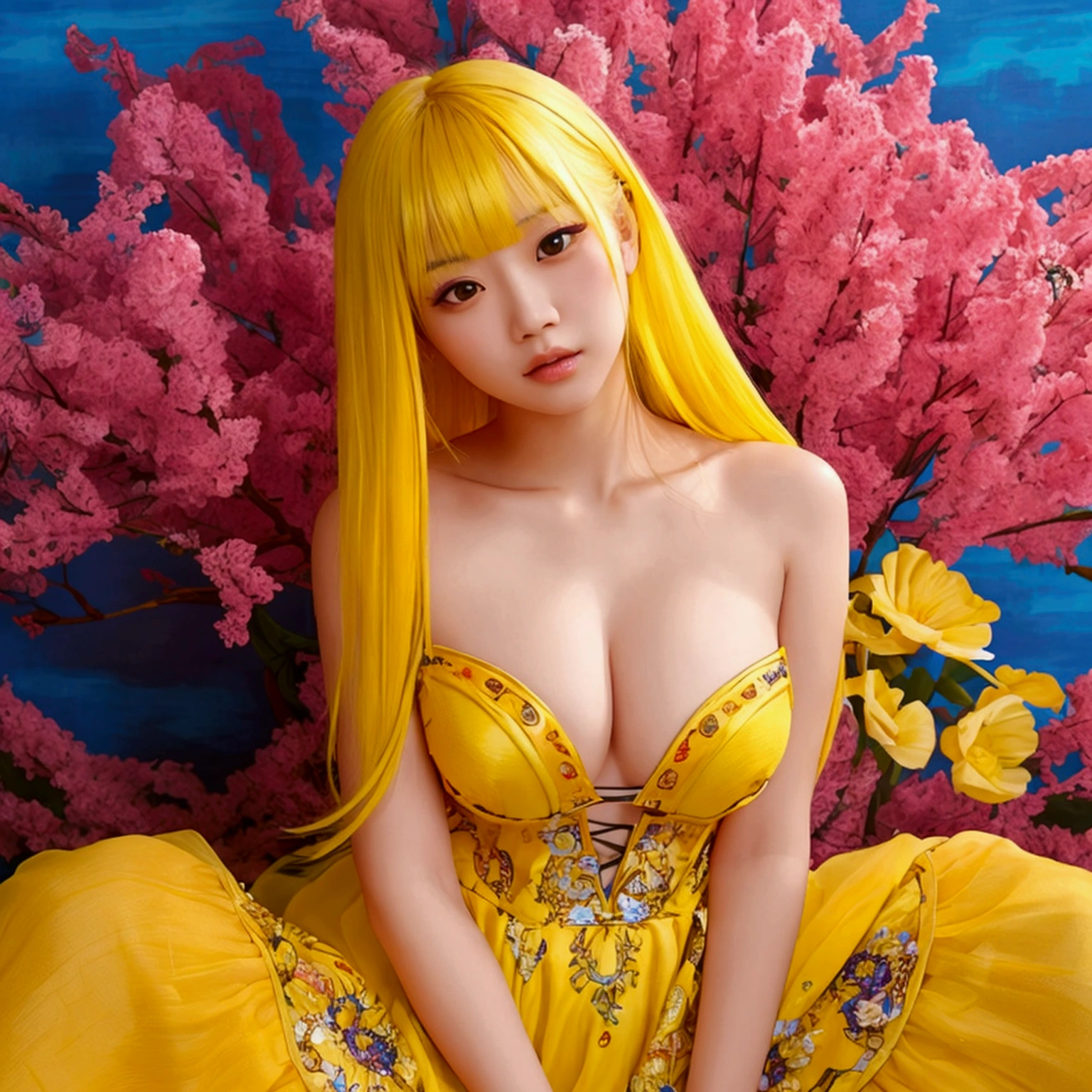 A stunning Asian girl with yellow hair strikes a seductive pose. She’s surrounded by a breathtakingly colorful backdrop, filled with vivid hues and beautiful, artistic details that create a mesmerizing and enchanting environment.