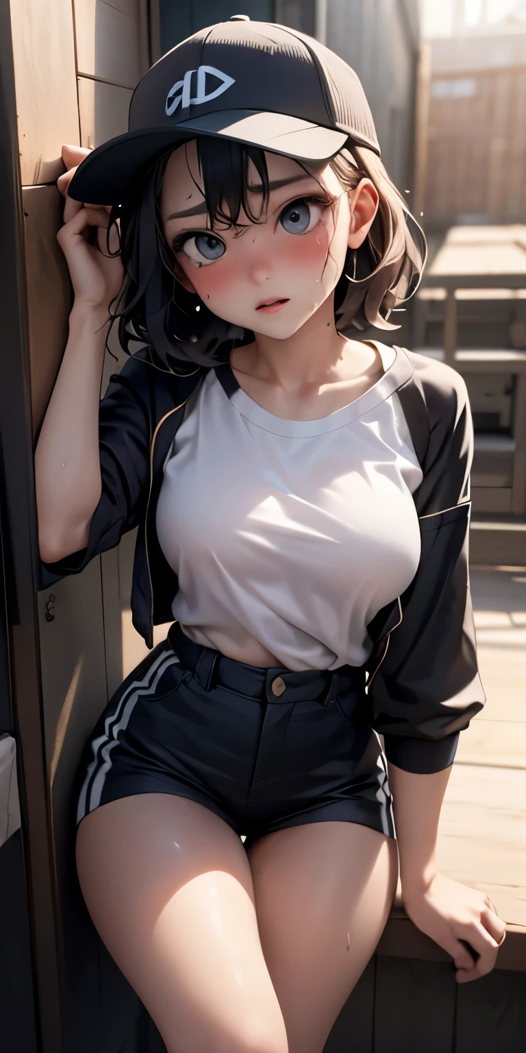 Wearing a baseball cap、Realistic Face、Sweaty、、Blackボブ hair 、Tomboy.Emphasis on breast valley、Wearing an ネイビーtシャツ、Sexy posing、Embarrassed expression