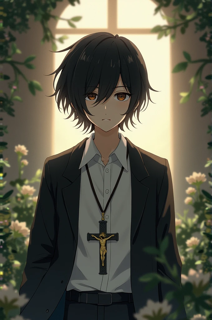 Boy with medium black hair, white shirt, black jacket and crucifix 