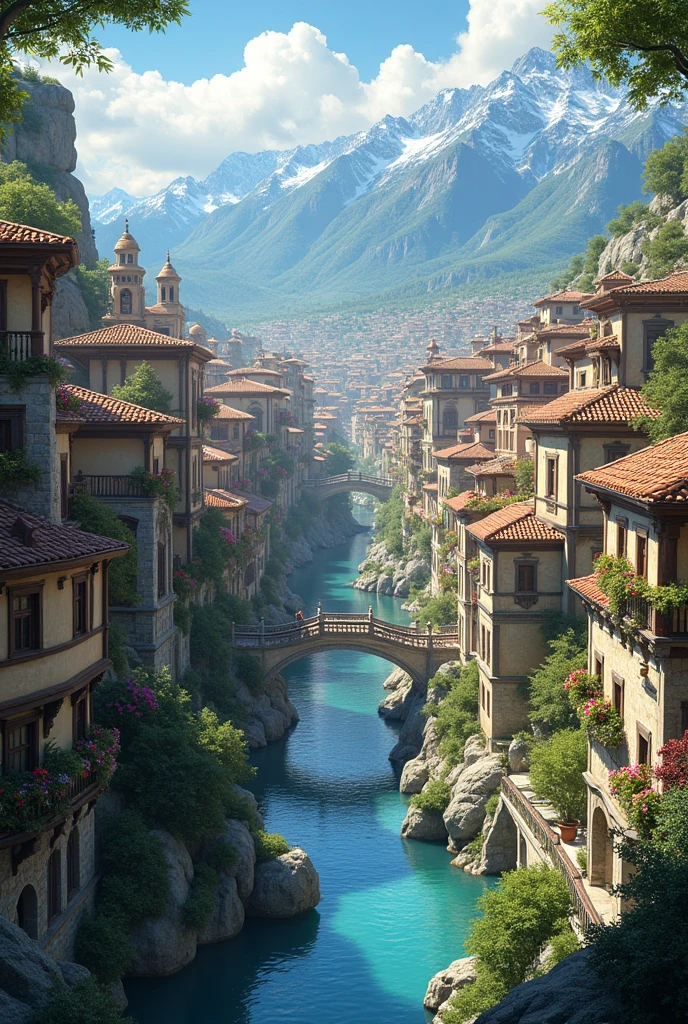 Create a gigantic city with many houses whose classical architecture, wood based, stone, brick and clay tile roofs, hanging plants in pots, colorful house and a river that runs through the city and mountains in the background
