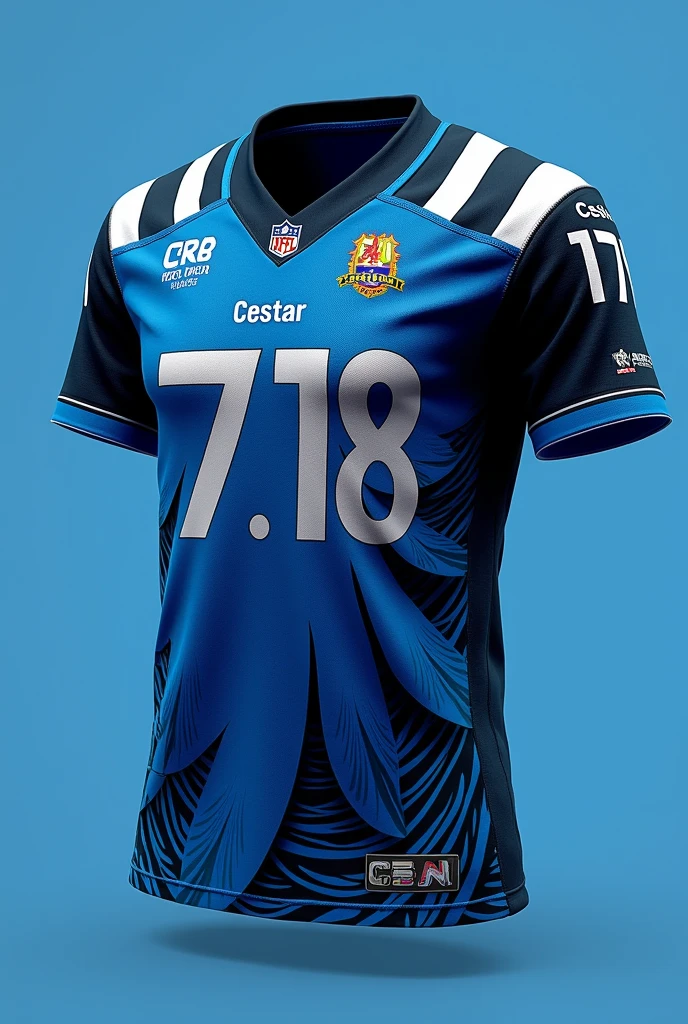 Create a football jersey inspired by the mascot Blue from the movie Rio. The jersey should have a design that incorporates a vibrant blue and black color scheme. Include dynamic patterns that resemble feathers and a modern, sleek look. The jersey should be styled like an American football team uniform, with bold stripes on the sleeves and shoulders. Use the name "Cesitar" on the back, and display the number "2.718" (Euler's number) prominently. Make sure the design includes the mascot, Blue, subtly integrated into the background or sleeves.
