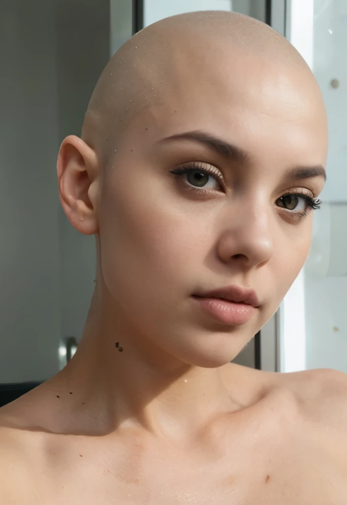 Wearing soft makeup,Passport style photo facing forward, Brightly lit front facing Bald Billie eilish Attractive female woman front view, front view focus on face, portrait , face portrait close up, facing the viewer, maintains eye contact, close-up, bald beauty, face centered, symmetrical face, beautiful lips, white skinned sexy griffon female griffon alien no hair her head, with a sexy knock out body, large saggy tits, (Her face is gorgeous), Her skin is smooth, moist, and glossy, perky sharp ears, clean lines, photoshoot, no background, sexual soft skin, sexy extraterrestrials,she has plump juicy lips,
