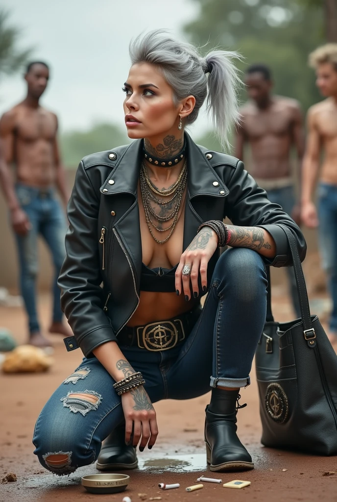 russian milf woman, grey  hair (top bun, shaved sides), colourful bandana as headband, with very light blue eyes, extremely pale skin. Wearing tight cropped aged black moto jacket studded collar) with lots of zippers and pins, flipped up collar. Worn skinny dark blue jeans with patches, wet knees. Barefoot, with bracelets around ankles. Chain around hips like belts. Dirty knees, dirty feet and muddy hands. Wide studded belt. Lots of metallic bracelets, lots of boho pendants and lots of colourful beads collars. Long huge boho. Chains around the hips. Squatting on a puddle with hands on her hips, looking up, chin up, stretching her neck , humble facial expression. Bracelets in ankles and rings in fingers. Black nail polish. studded black leather tote bag with chain on the floor, next to her.. Listening looking up in amazement to somebody speaking to her from the sky, upper teeth visible. Well toned abdominals, thin neck, slim legs and thin arms. Narrow hips Cleavage, stomach, neck, tigh and hands completely covered with tattoos. Dirt street in Kenyan village full of waste. A lot of tanned shirtless fat men in jeans around looking at her. next to her, all her belongings scattered on the floor: tobacco packs, makeup kit, little makeup mirror, studded black leather tote bag, lipstick, wallet, moble etc on the floor