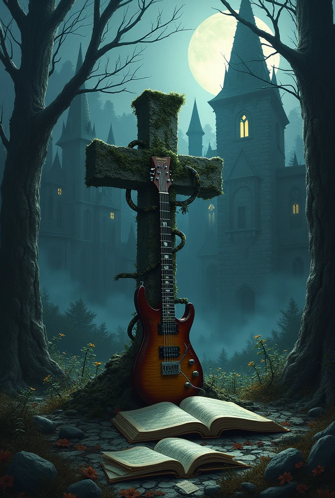 A castle in ruins, with high towers and gothic windows, surrounded by a dark and mysterious forest. The full moon shines in the sky, casting long, sinister shadows on the ground. In the middle, A stone cross stands, covered with ivy and moss, with an electric guitar leaning against it. The guitar strings appear to be like snakes coiling around the cross. At the foot of the cross, an open prayer book, with the pages torn out and scattered around 