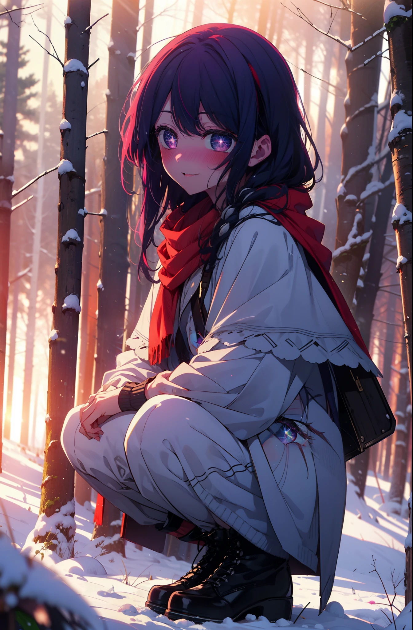 aihoshino, Ai Hoshino, Long Hair, bangs, (Purple eyes:1.1), Purple Hair, (Symbol-shaped pupil:1.5), smile,,smile,blush,white breath,
Open your mouth,snow,Ground bonfire, Outdoor, boots, snowing, From the side, wood, suitcase, Cape, Blurred, , forest, White handbag, nature,  Squat, Mouth closed, Cape, winter, Written boundary depth, Black shoes, red Cape break looking at viewer, Upper Body, whole body, break Outdoor, forest, nature, break (masterpiece:1.2), Highest quality, High resolution, unity 8k wallpaper, (shape:0.8), (Beautiful and beautiful eyes:1.6), Highly detailed face, Perfect lighting, Highly detailed CG, (Perfect hands, Perfect Anatomy),