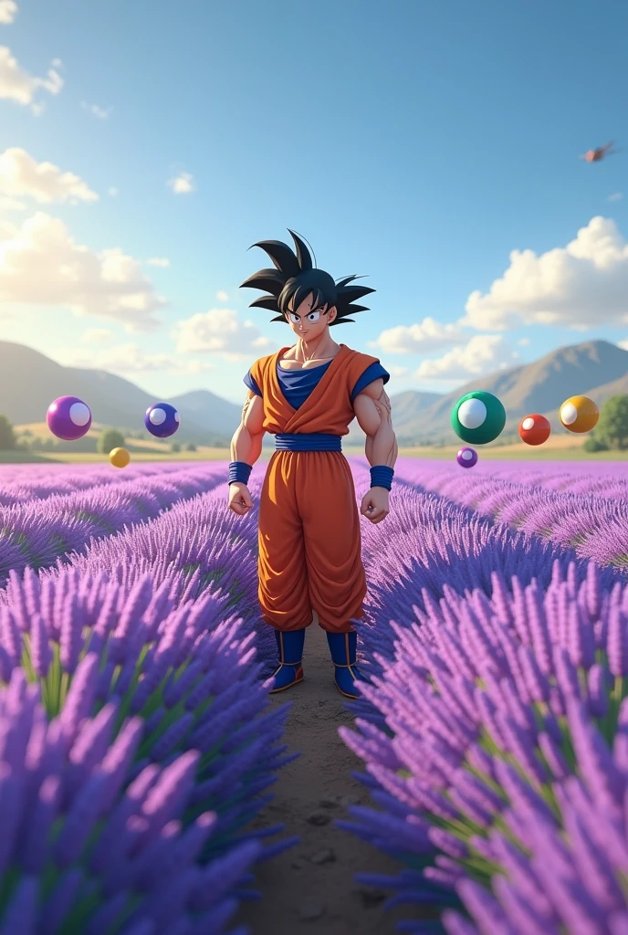 A lavender field with Goku and the Dragon Balls