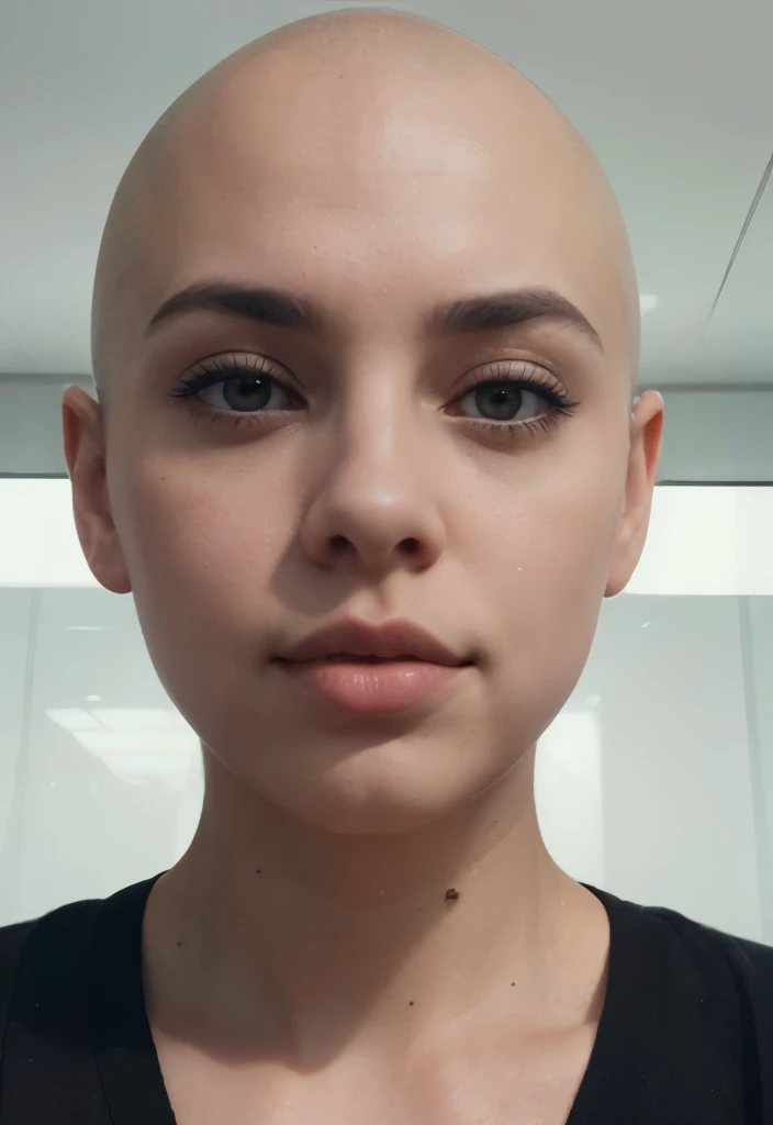 Wearing soft makeup,Passport style photo facing forward, Brightly lit front facing Bald Billie eilish Attractive female woman front view, front view focus on face, portrait , face portrait close up, facing the viewer, maintains eye contact, close-up, bald beauty, face centered, symmetrical face, beautiful lips, white skinned sexy griffon female griffon alien no hair her head, with a sexy knock out body, large saggy tits, (Her face is gorgeous), Her skin is smooth, moist, and glossy, perky sharp ears, clean lines, photoshoot, no background, sexual soft skin, sexy extraterrestrials,she has plump juicy lips,