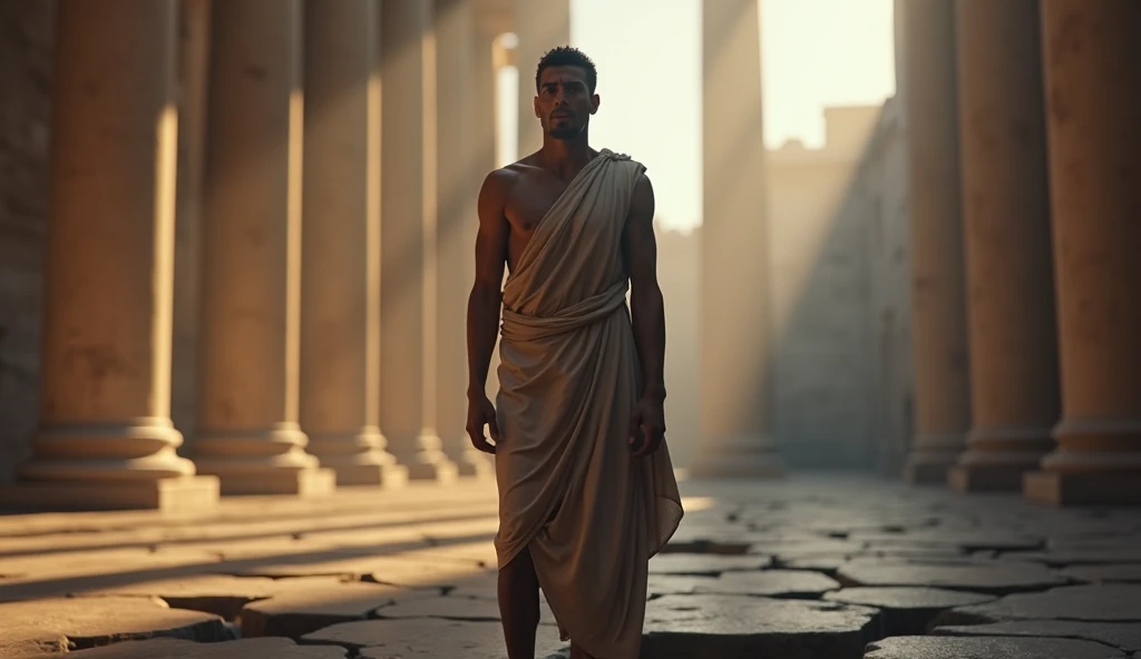 In a 16:9 landscape format, a young Stoic philosopher stands in a grand Roman forum, his expression a mix of shock and disbelief. The ground beneath him appears fragmented, symbolizing the sudden shift caused by betrayal. He wears a traditional Roman tunic with a shoulder opening, subtly revealing his well-defined physique. The lighting is dramatic, casting deep shadows that enhance the sense of instability. The background features majestic Doric columns, slightly blurred, keeping the focus on the philosopher's emotional turmoil as he grapples with the reality of the betrayal.