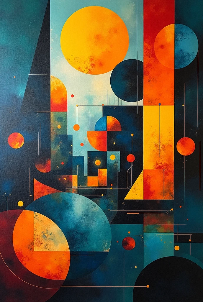 Based on painting (yellow, blue, red) of Kandinsky. Create an original drawing using cool and warm colors, using geometric figures and angles
