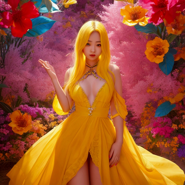 A stunning Asian girl with yellow hair strikes a seductive pose. She’s surrounded by a breathtakingly colorful backdrop, filled with vivid hues and beautiful, artistic details that create a mesmerizing and enchanting environment.