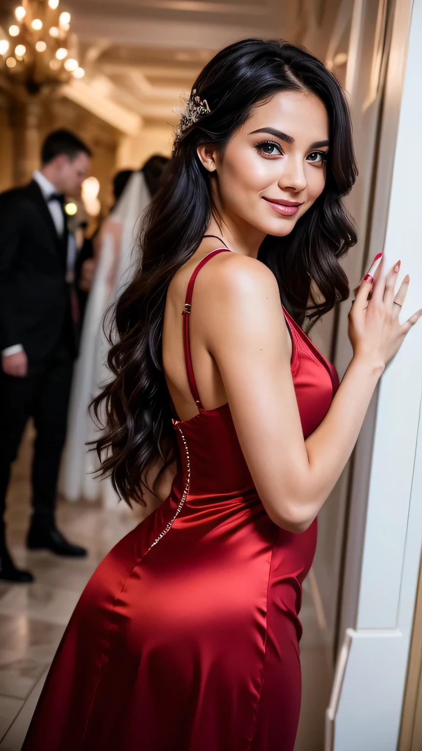 Realistic full body photo of a smiling black-haired woman with long hair, She dances in front of the camera in a short A-line dress with straps made of shiny red satin.., Park,glamour fotoshooting, Wedding celebration, perfect anatomy, perfect brown eyes. Perfect hands with 5 fingers on each hand, Matching girl, looking at the camera, 1 Frau. (Eye make up:1.1), (highly detailed skin:1.1), spirit, analog style, keen focus, 8K UHD, dslr, good quality, Fujifilm XT3, Grain, Award-winning, masterpiece. Wedding celebration. She is standing in the middle of a party showing her beautiful long dress. Beautiful shoes