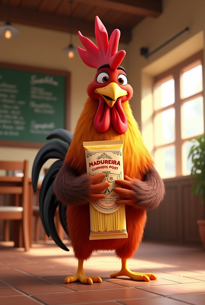 A 3d anime rooster, of a rooster hugging a package of spaghetti noodles.
Written:
MADUREIRA RESTAURANT 
