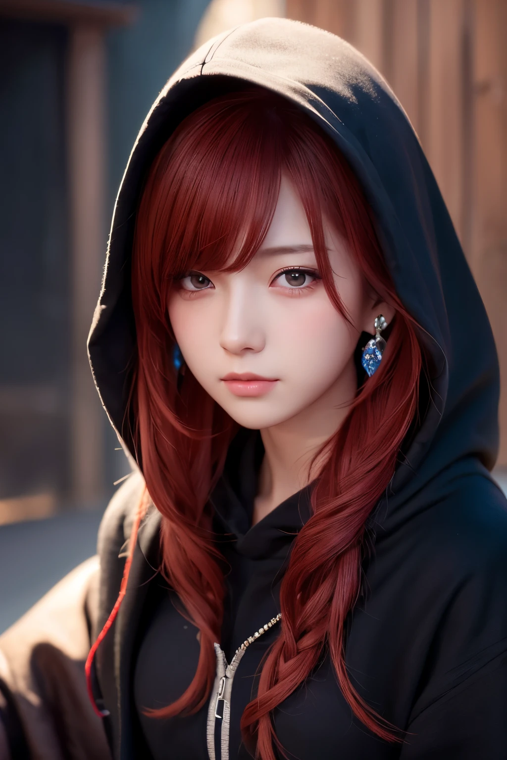 highly detailed anime style character, hooded figure, character design, blushing, closed mouth, red ears, face obscured, earrings, medium length hair, photorealistic, 8k, dramatic lighting, intricate details, vibrant colors, elegant pose, delicate features, soft shadows, cinematic composition, masterful rendering