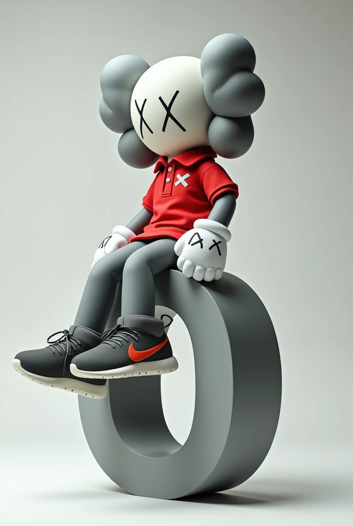 A shot of a gray Kaws style plushie of a seated figure with one leg raised. The figure is sitting sideways and has a large X on the chest. He is dressed in a red and white polo shirt and a pair of Nike sneakers. The background is simple. Sentado encima de la letra "o"mirando hacia la izquierda en posición de lado elegante