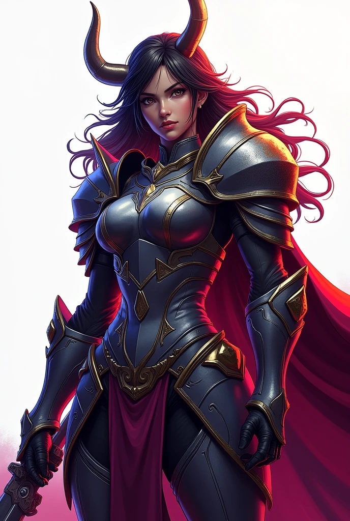 d&d, black female, loose and wavy hair, heavy armor covering the entire body, elsword, Two-tone lighting, hight contrast, dramatic light and shadow, dramatic features, color palette Vibrantes, white background, traditional comic art, helmet helmet