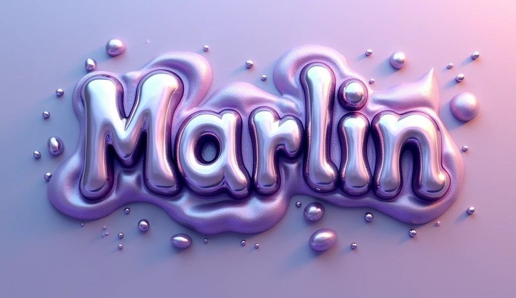 A 3D rendered 3d word 'Marlin' made of a glossy, Silver liquid or substance. The word appears to be in a fluid state, with droplets and splashes surrounding it. The background is pastel color dark, emphasizing the vibrant violet color of the word.