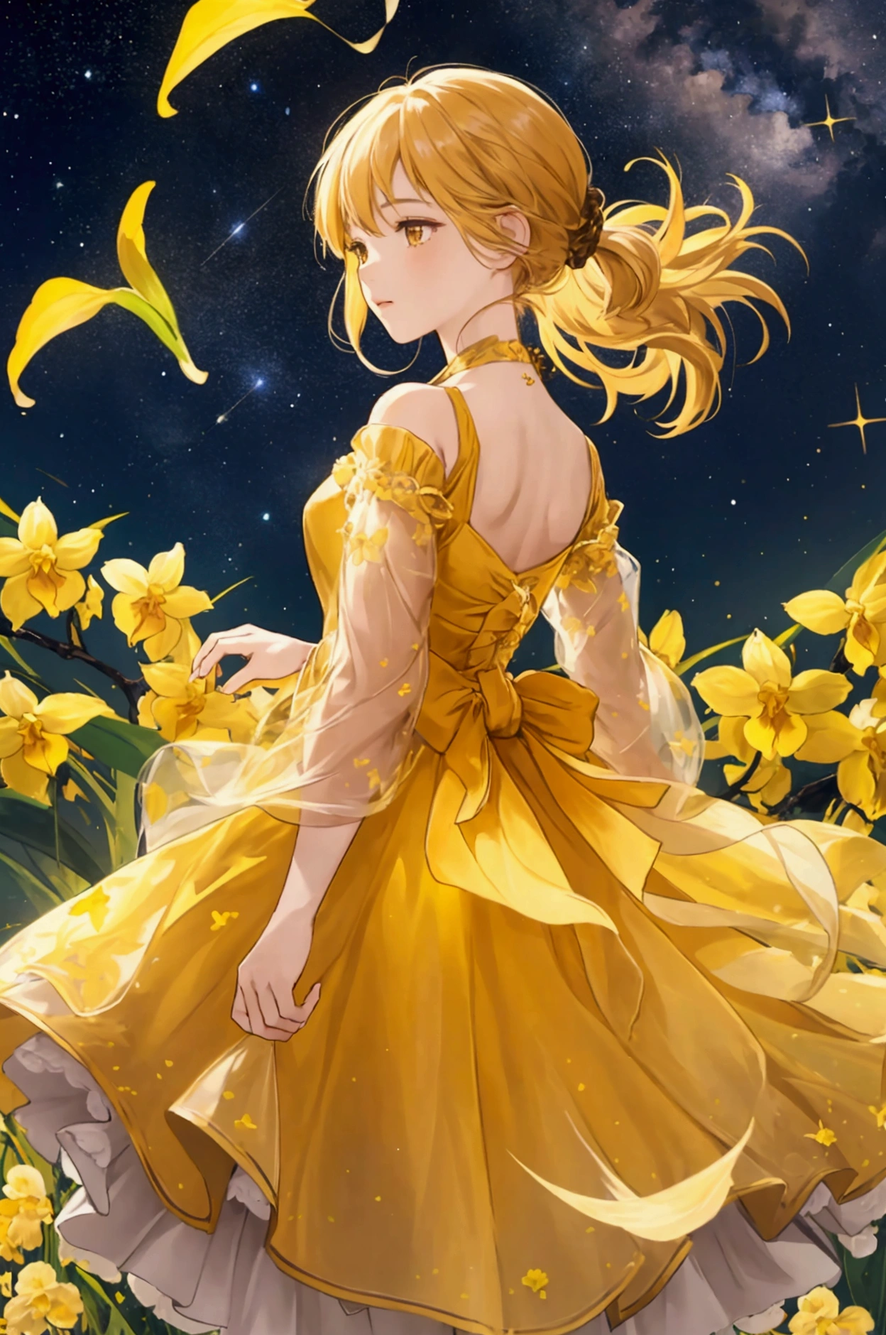 girl with her back turned looks at the starry sky over a field of yellow orchids, in the sky the stars form the symbol of the sign Virgo, girl wears amber colored dress that is fluttered by the breeze of the wind, hair in the wind, beautiful night