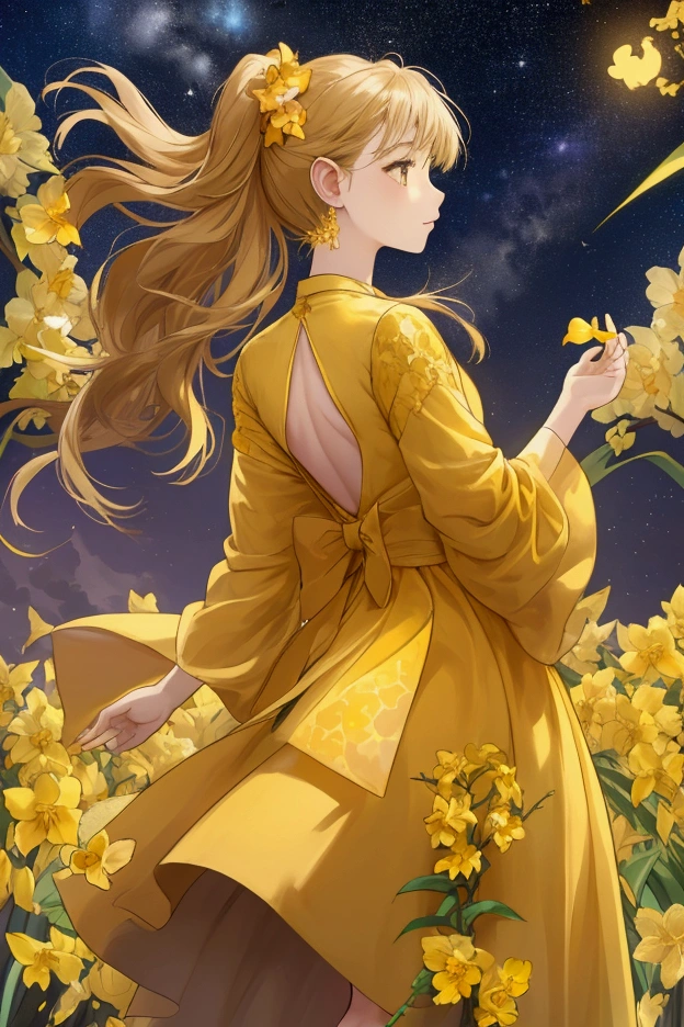 girl with her back turned looks at the starry sky over a field of yellow orchids, in the sky the stars form the symbol of the sign Virgo, girl wears amber colored dress that is fluttered by the breeze of the wind, hair in the wind, beautiful night