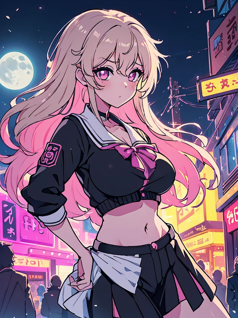 A beautiful woman in gyaru makeup wearing school uniform on the bustling streets of Gintama, surrounded by vendors, beautiful portrait of a stunning goddess girl, beautiful detailed face, porcelain skin, half body shot, centered,(black hai,navel:1.2),((moonlight,night,big neons,strong neon lighting,rim lighting,two tone lighting))),