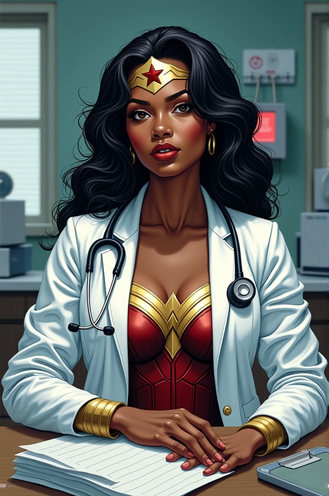 Wonder Woman who is black, sitting at a table and wearing a white coat and a stethoscope.