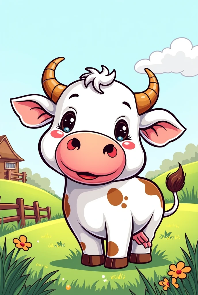 a cute cow eating grass in the farm, line art, cartoon character, 3D style, high quality, colouring book, hand-draw, line art