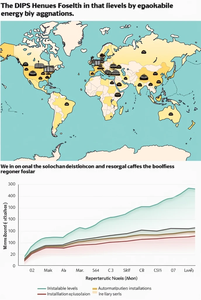 Location: Place in the upper half of the image.
content: A map showing different regions with icons of distributed generation facilities. Includes:
Iconos solares: Solar panels of different sizes scattered in various locations.
Wind Icons: Wind turbines in different regions.
Geographical Diversity: Ensure locations include both rural and urban regions, mountainous and flat.
Levels of Automation: Indicators or labels that reflect the level of automation of each installation (low, half, high).
Part 2 - Representativeness Chart:
Location: Place in the lower half of the image.
content: A bar chart or matrix comparing different criteria of representativeness in the sample:
x-axis: Types of technology (solar, wind).
Axis y: Installation size (little, medium, big).
colors: Different colors to represent automation levels.
Distribution: Ensure that each bar or section of the matrix reflects the variety in the sample.