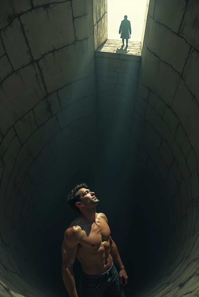 Create the image of a strong, young white man, he is trapped in a large well-shaped prison, very deep and dark, is looking up from the coast, where he sees the exit and the silhouette of a man looking back