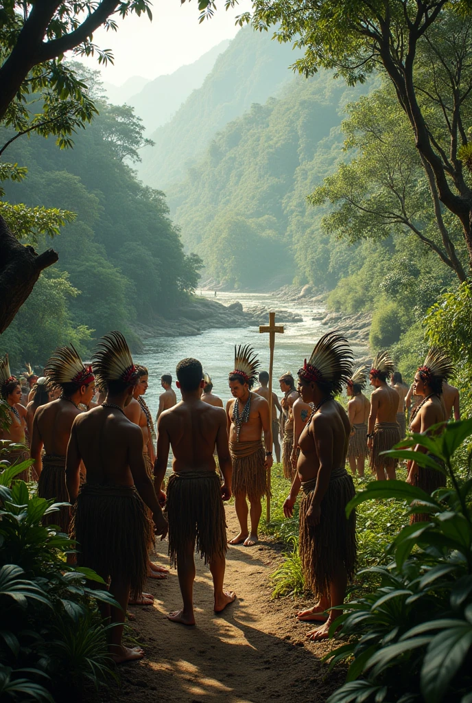 American Indians, dressed in loincloths, petticoats or belts that cover the sex, made from animal feathers, plant leaves, tree bark, seeds or beads, in their natural habitat