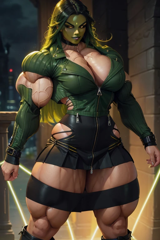 ((Close-up)), tall, (green hair) beautiful muscular woman, long curvy hair, light brown skinned, closed smile, (black lipstick), (massive muscles), (hyper muscle), (ginormous bulky muscles), glowing orange eyes, (((long black zipped jacket))) ((long black pleated skirt)), choker, boots, night in Scotland,