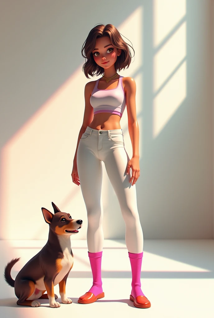 A girl with dog style and tight white leggings and pink socks