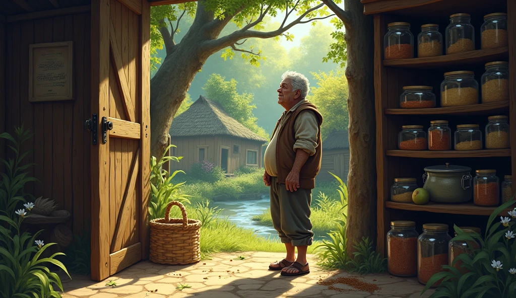A small village nestled deep within an enchanted forest, where all the inhabitants lived happily and shared their food. Lately, however, something strange has been happening. Food has been mysteriously vanishing from people's homes. Create a scene where a villager discovers their pantry empty and begins to suspect something is amiss.