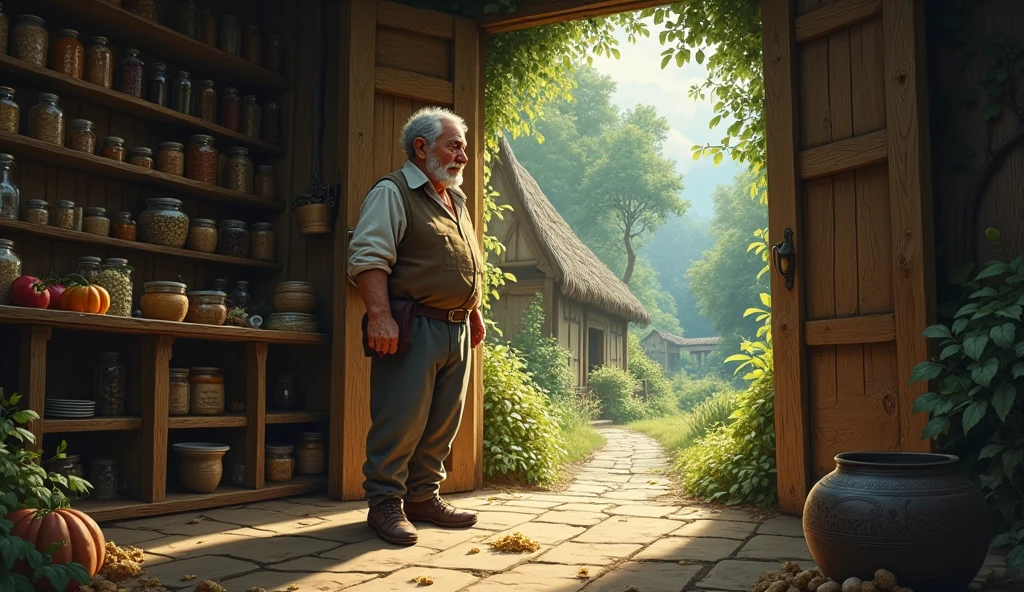 A small village nestled deep within an enchanted forest, where all the inhabitants lived happily and shared their food. Lately, however, something strange has been happening. Food has been mysteriously vanishing from people's homes. Create a scene where a villager discovers their pantry empty and begins to suspect something is amiss.