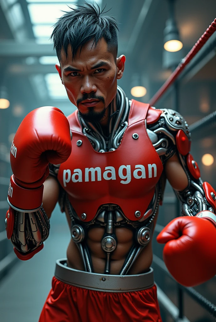 Generate a man boxer red gloves cybord body.
Face: like Manny Pacquiao With clear and not hidden print "Pamagan".
