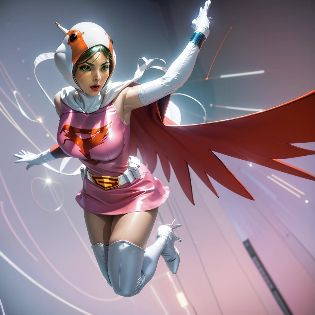 ANI_CLASSIC_jun_gatchaman_ownwaifu,1girl, ,good anatomy, masterpiece, best quality,realistic, hyperrealistic, 16k hdr,breasts,green eyes,lips,large breasts,lipstick,makeup,gloves,cape,helmet,belt,elbow gloves,white gloves,mask,ultra miniskirt,leotard,spacesuit,white tight overknee highheels boots,pink dress,superhero,bodysuit,cleavage,erected nipples,((jumping poses)),cameltoe