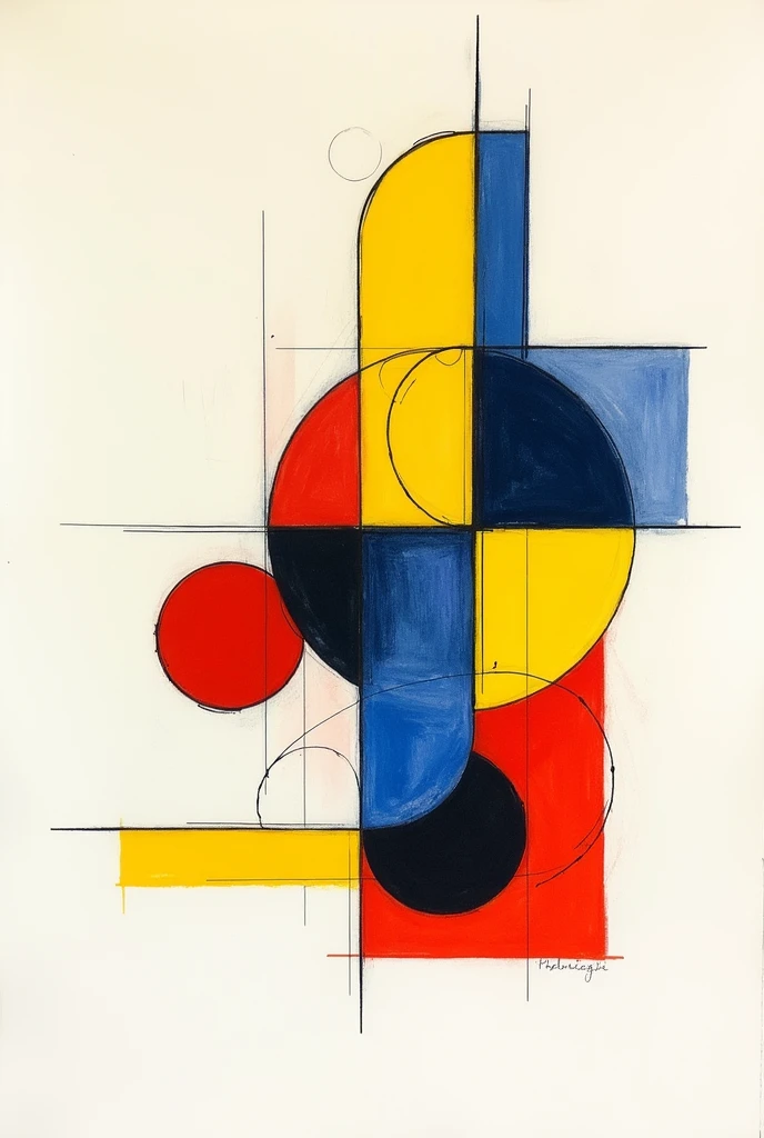 Based on painting (yellow, blue, red) of Kandinsky. Create an original drawing using cool and warm colors, using geometric figures and angles. The drawing should not take up the entire page., that leaves blank spaces 
