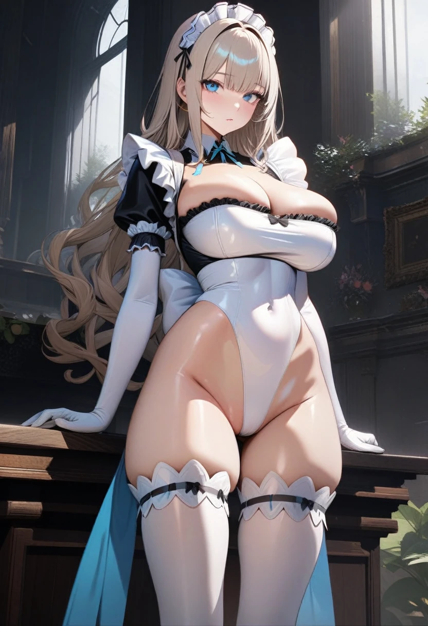 ((solo)), 1girl,((maid princess dress: 1.5)), ((skin-tight high leg groin area)), (Skin-tight white leotard), platinum blonde long wave hair, Huge breasts, Cleavage, perfect face, Perfect and beautiful blue eyes, curvy,(Cameltoe: 0.8) , Thigh-high boots, high heels, ((UHD)), ((masterpiece)), highest quality, 8k, hyperrealistic, cowboy shot, anatomically correct, accurate, high quality, extremely detailed,