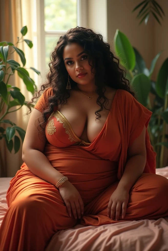 Create a hot Indian women image big boobs big ass. In leggings and kurti big fat legs with tight leggings in resting on sofa 