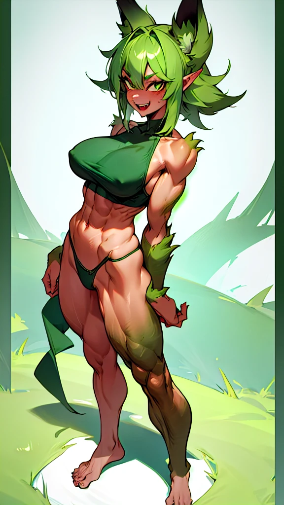 green hair，Green skin，Female beast-person，pointy-eared，Fangs，Big Breasts，muscle，Abdominal muscles，animal skin top，Bare Arms，underwear，Bare Legs，barefoot，paw，Standing