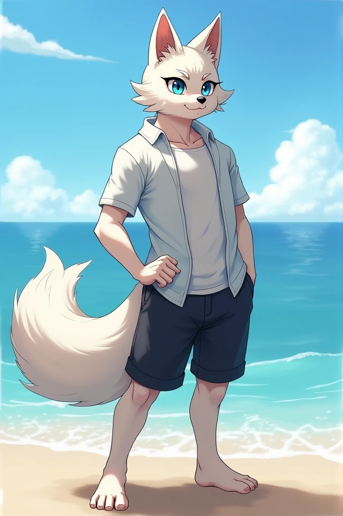 High-resolution furry masterpiece, Shota, black nose with black hair, slim, full white body, fighter, short pants with an open T-shirt, blue eyes, standing on the beach, long tail, bare feet. 